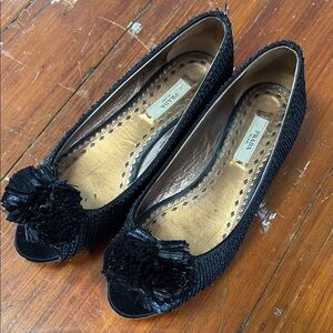 Prada Black Flats Rosette Straw Leather Kitten Heal Peep Toe Size 36 5.5
